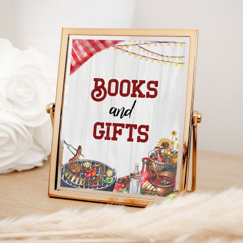 Books and Gifts BBQ Backyard Rustic Baby Shower Poster