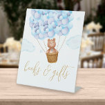 Books And Gifts Bear Blue Balloons Baby Shower Pedestal Sign<br><div class="desc">A blue,  boy baby shower books and gifts sign features a cute bear in a hot air balloon. Designed by Thisisnotme©</div>