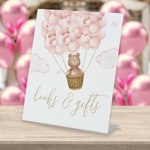 Books And Gifts Bear Cub Pink Balloons Baby Shower Pedestal Sign
