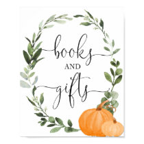 Books and gifts fall pumpkins baby shower sign