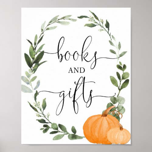 Books and gifts fall pumpkins baby shower sign