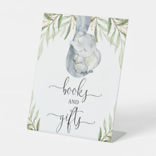 Books and gifts greenery elephant baby shower sign
