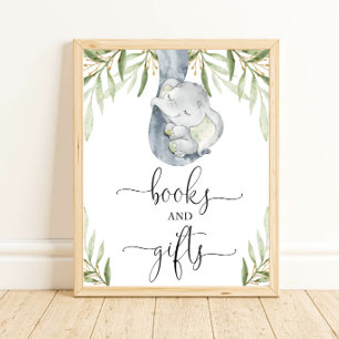 Books and gifts greenery elephant baby shower sign
