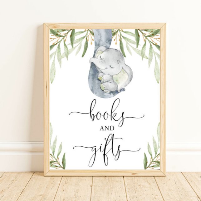Books and gifts greenery elephant baby shower sign (Creator Uploaded)