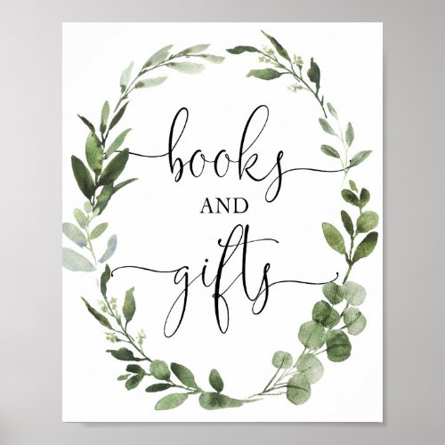 Books and gifts greenery wreath baby shower sign