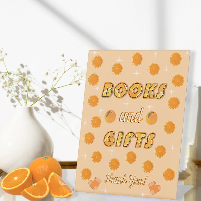 Books and Gifts Orange Citrus Summer Baby Shower  Pedestal Sign (Creator Uploaded)