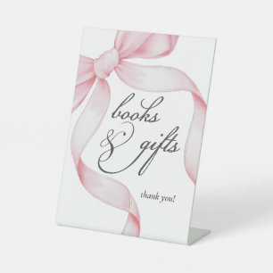 Books and Gifts Pink Coquette Bow Baby Shower Pedestal Sign
