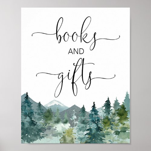 Books and gifts rustic mountains forest trees sign
