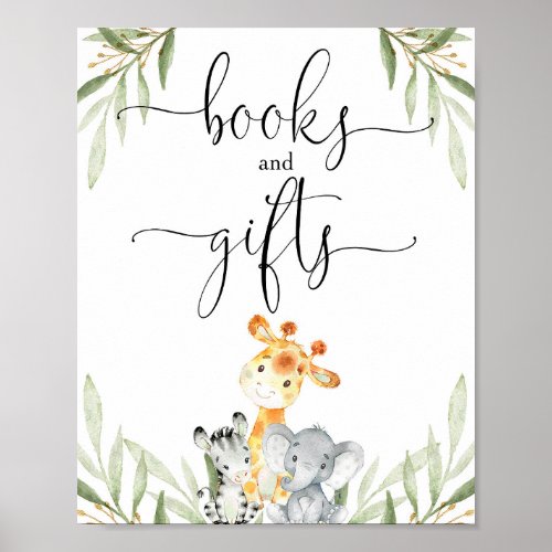Books and gifts safari animals baby shower sign