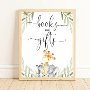 Books and gifts safari animals baby shower sign