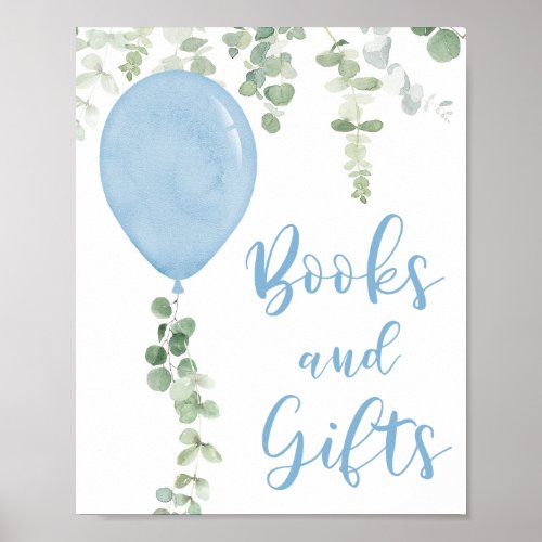 Books and gifts sign blue balloons baby shower