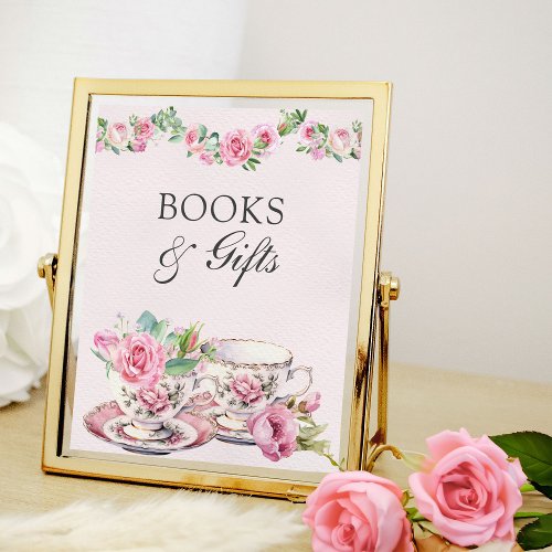Books and Gifts Vintage Tea Cups Pink Baby Shower Poster