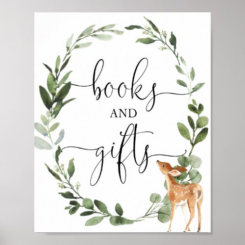 Books and gifts woodland deer baby shower sign
