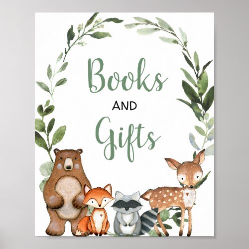 Books and gifts woodland greenery baby shower sign