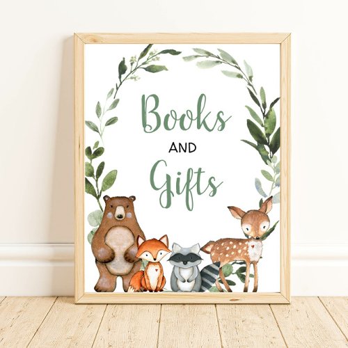 Books and gifts woodland greenery baby shower sign