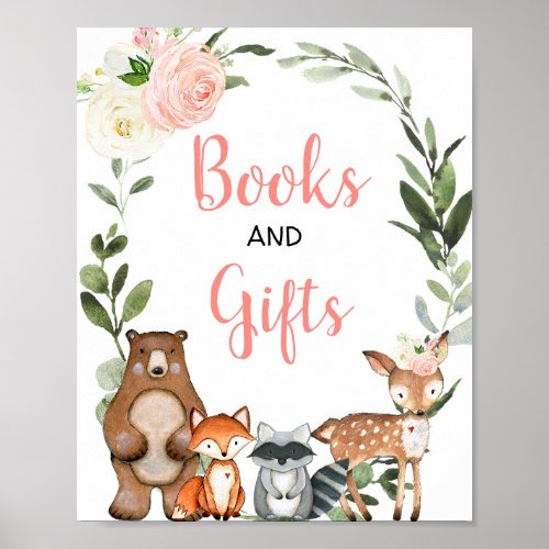 Books and gifts woodland greenery pink baby shower poster