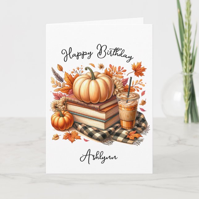 Books and Orange Pumpkin Spice Birthday  Card (Front)