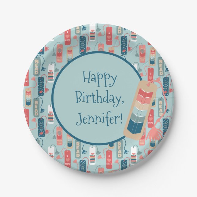 Books and Reading Bookmarks Illustrated Birthday Paper Plates (Front)