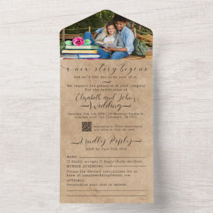 Books and Rose Watercolor Add Photo Rustic Wedding All In One Invitation