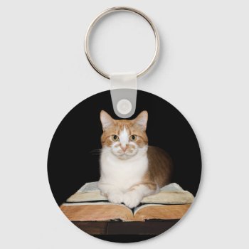 Books And Tabby Kitty Cat Keychain by deemac1 at Zazzle
