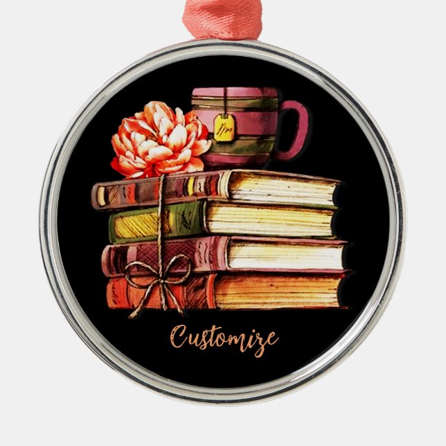 Books And Tea Black   Metal Ornament (Front)