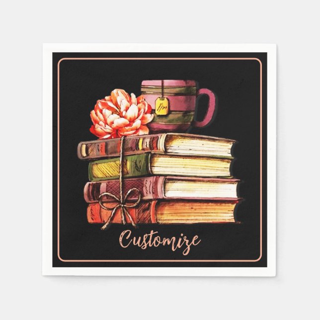 Books And Tea Black Napkins (Front)