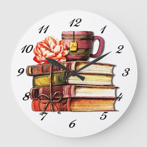 Books And Tea White  Large Clock