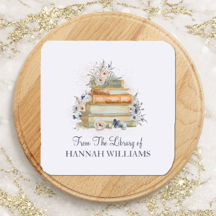 Books and Vintage Beige Blue Flowers Bookplate