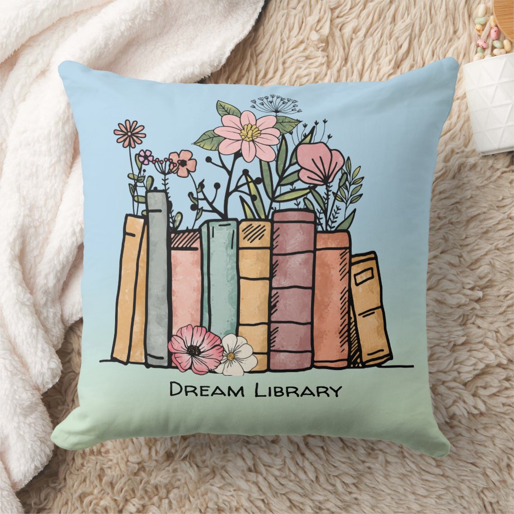 Books and wild flowers dream library blue green throw pillow