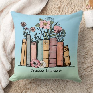Books and wild flowers dream library blue green 