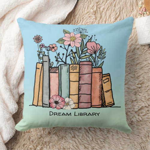 Books and wild flowers dream library blue green  throw pillow