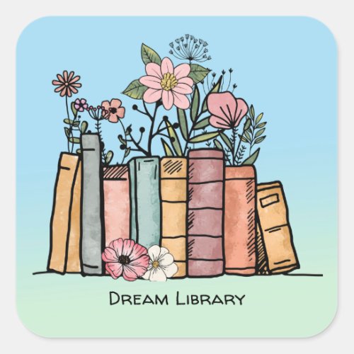 Books and wild flowers dream library personalize square sticker