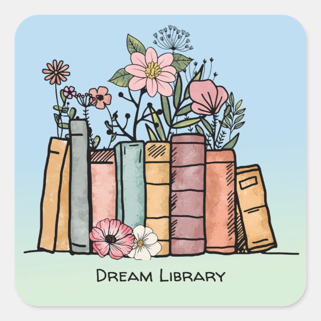 Books and wild flowers dream library personalize square sticker (Front)
