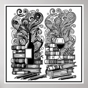 Books And Wine Color Me Doodle Poster