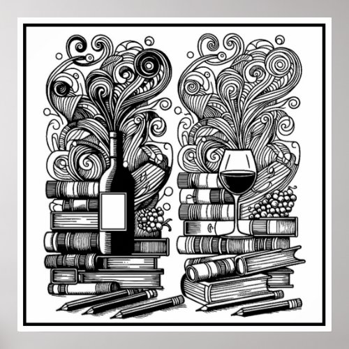 Books And Wine Color Me Doodle Poster