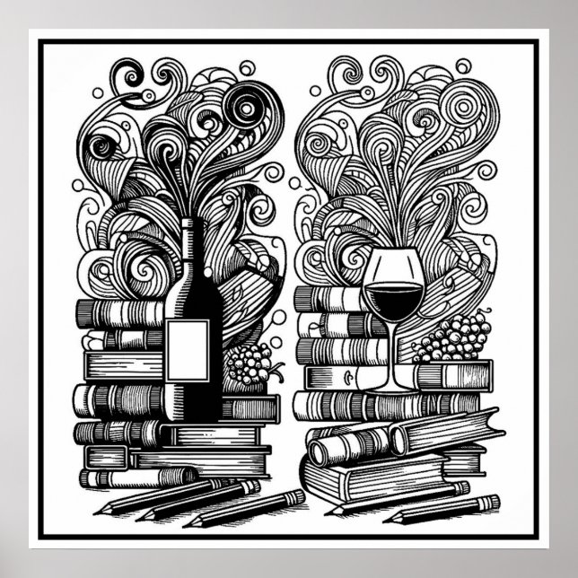 Books And Wine Color Me Doodle Poster (Front)
