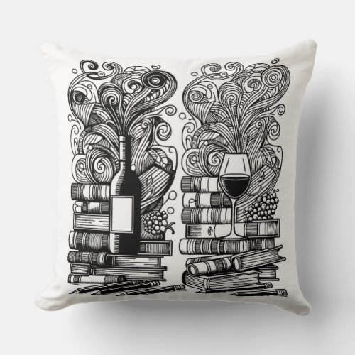 Books And Wine Color Me Doodle   Throw Pillow