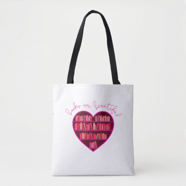 "Books Are Beautiful" heart-shaped bookshelf tote (Front)