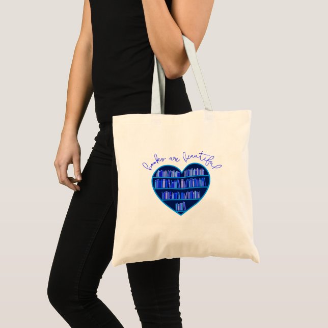 "Books Are Beautiful" heart-shaped bookshelf tote Bag (Front (Product))