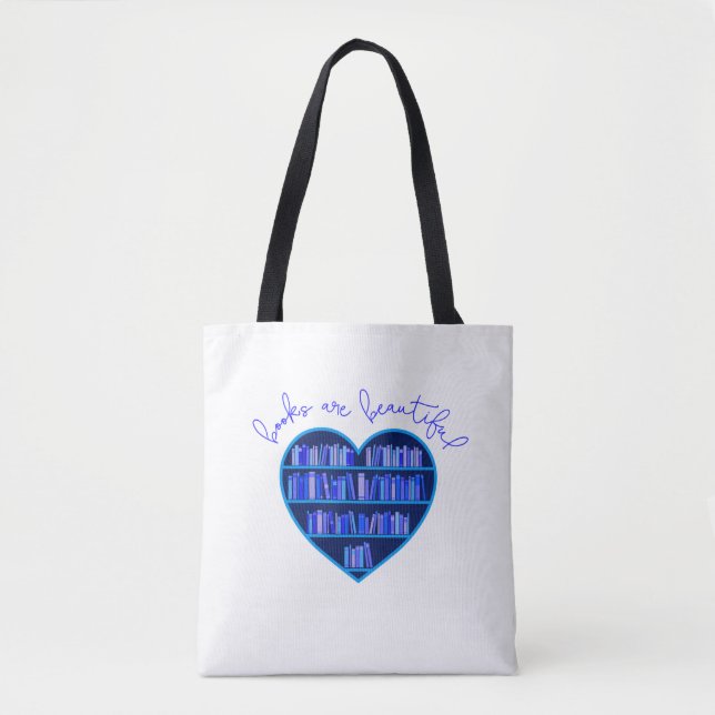 "Books Are Beautiful" heart-shelf tote (Front)