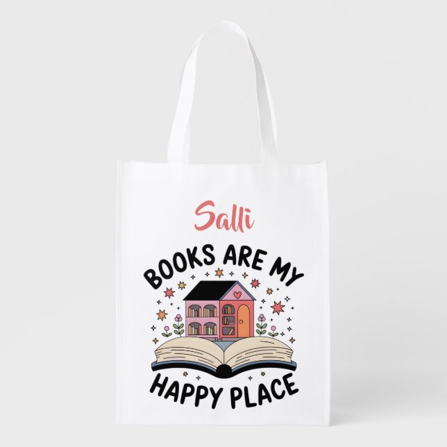 Books Are My Happy Place Personalized  Grocery Bag (Front)
