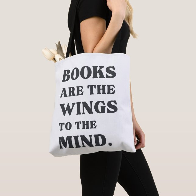 "Books are the wings to the minds" Pun Tote Bag (Close Up)