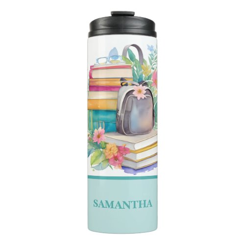 Books Backpack Flowers Colorful Watercolor Thermal Tumbler