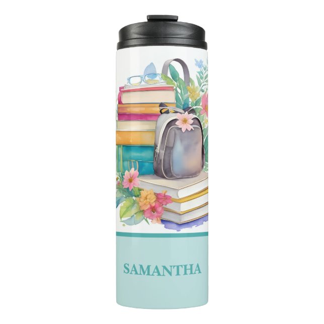 Books Backpack &Flowers Colorful Watercolor Thermal Tumbler (Front)