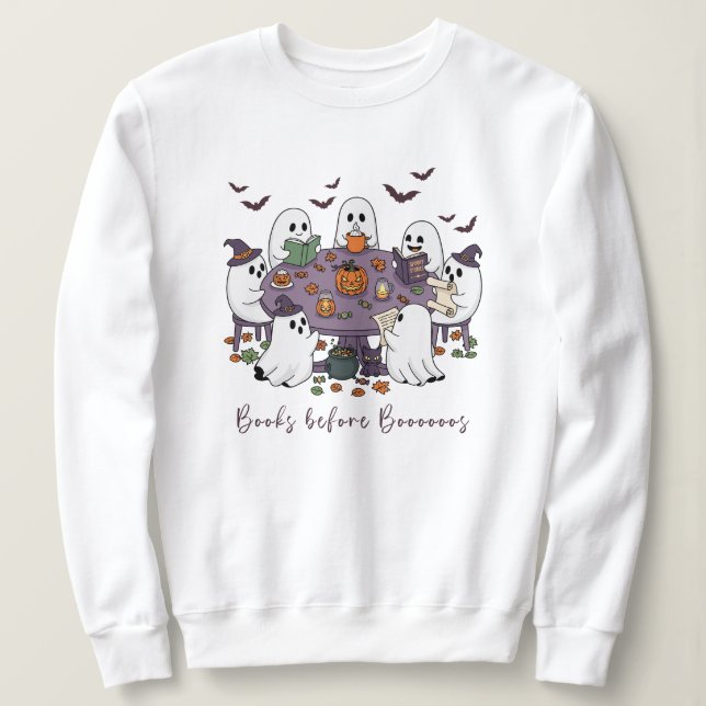 Books Before Boooos Cute Ghost Halloween Sweatshirt (Design Front)