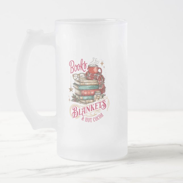 Books Blankets and Hot Cocoa  Frosted Glass Beer Mug (Left)