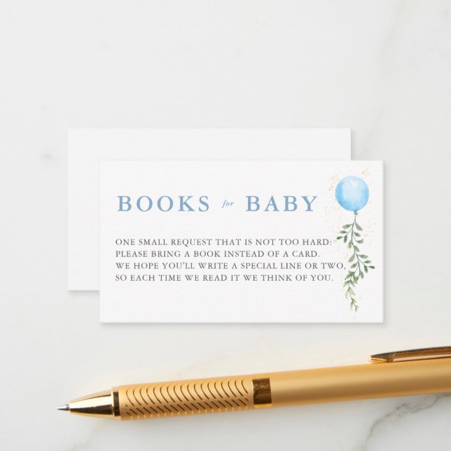 Books Blue Balloon Soft Greenery Boy Baby Shower Enclosure Card (Front/Back In Situ)