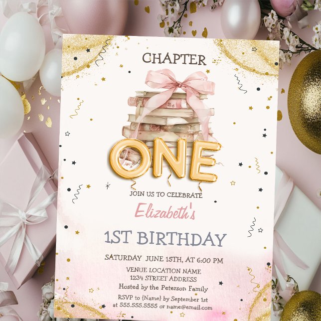 Books Bow Confetti Watercolor 1st Birthday  Invitation (Creator Uploaded)