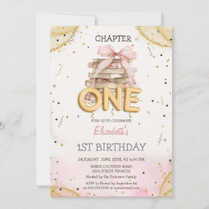 Books Bow Confetti Watercolor 1st Birthday  Invitation