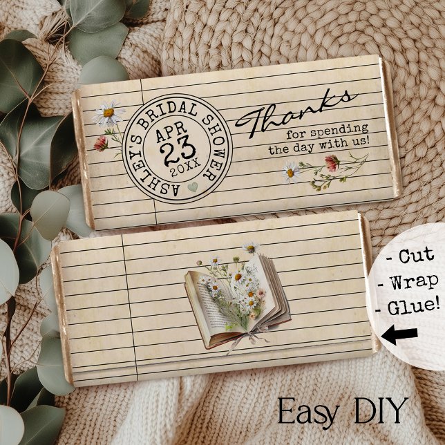 Books Bridal Shower Chocolate Bar Favor Wrapper (Vintage library card books theme watercolor floral bridal shower DIY chocolate bar favor wrapper)